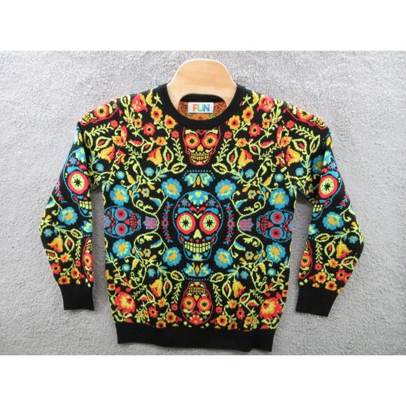 FUN.COM Sugar Skull Day of the Dead Adult Men's Small Ugly Christmas Sweater - Picture 1 of 13